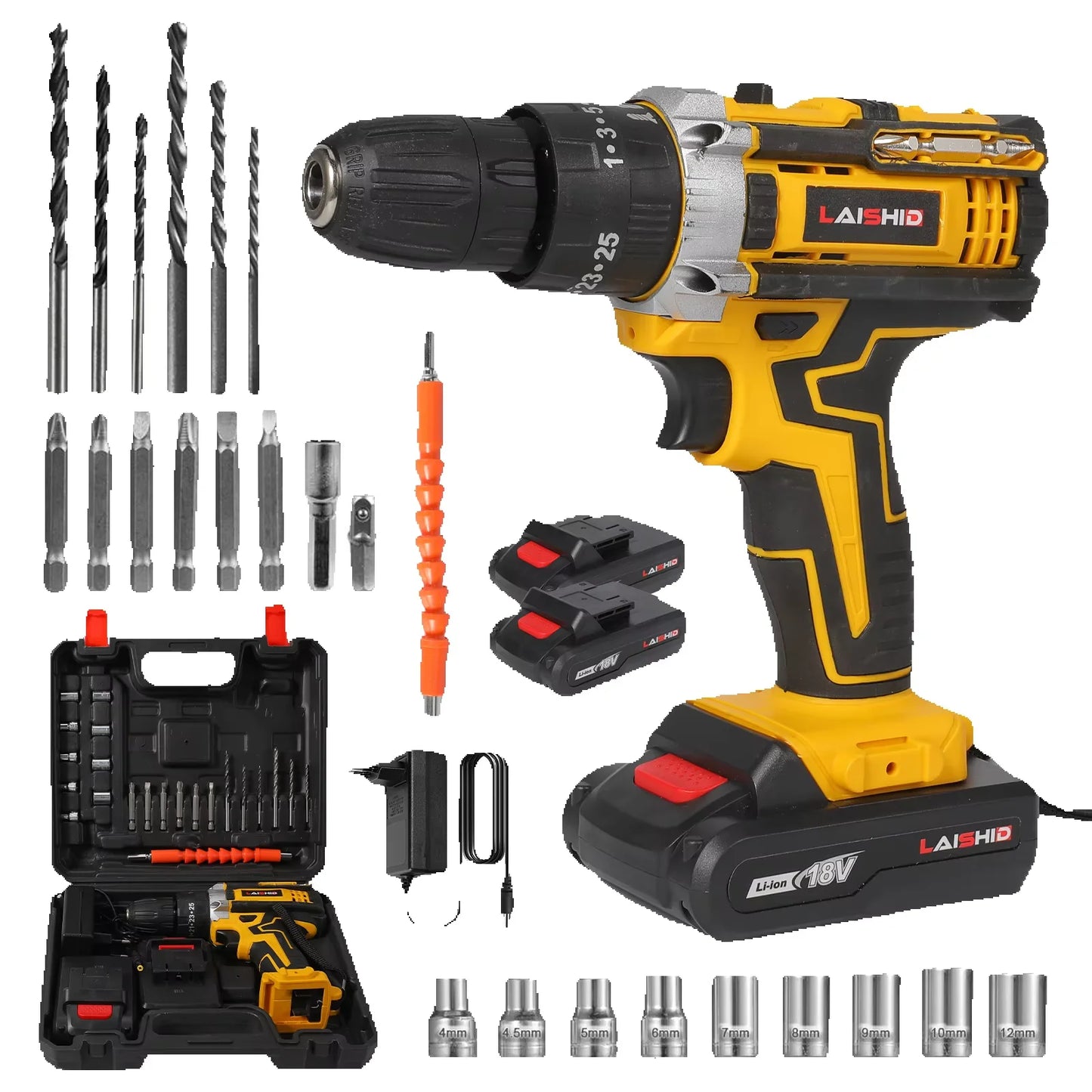 Yellow 3‑in‑1 Cordless Impact Drill Multifunctional Electric Hammer Drill Screwdriver Rechargeable Power Drill For Wood Metal Concrete Drilling