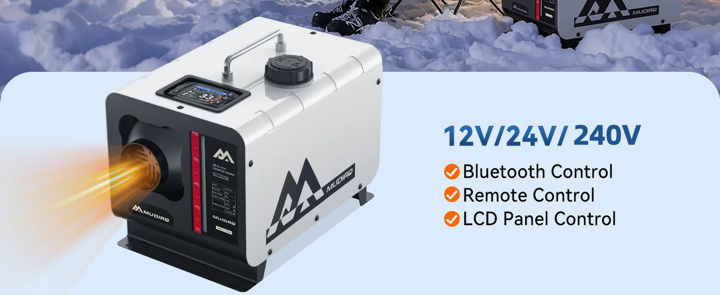 MUDIRO M-5S EVO-H Diesel Air Heater, CO Protection,Custom Alarm & Auto Shutoff, Whisper-Quiet, ±2°F Precision Temp, 5500m Auto-Adaptive Altitude,Smart LCD Bluetooth & Remote, Auto Start/Stop, for Car/Truck/RV/Boat/Tent/Bus/