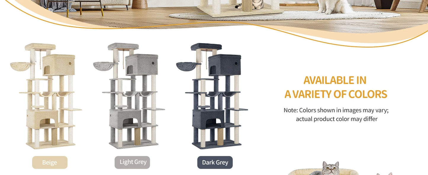 200cm XXL cat tree with 10 scratching posts, 2 caves, 2 hammocks, large platform,basket,for Maine Coons,large cats, beige
