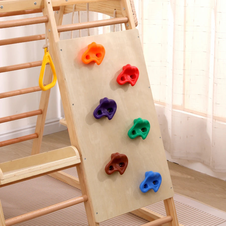7 multifunctional 1 climbing Structure, made of solid drink, plywood and beech. Includes a swing, ladder, slide, climbing net, sockets and rings. Can also serve as shelter under tent.