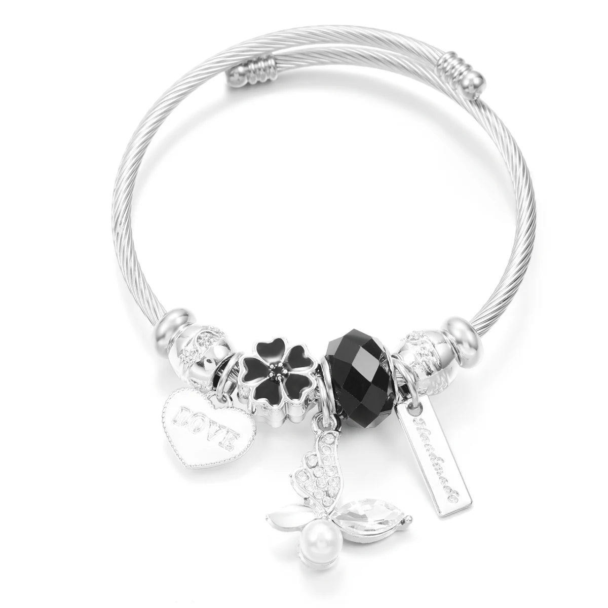 New Trendy Rhinestones Dragonfly Crystal Beaded Pendant Bracelet Stainless Steel 4 Colors Closure Bangles Women Bracelet Jewelry