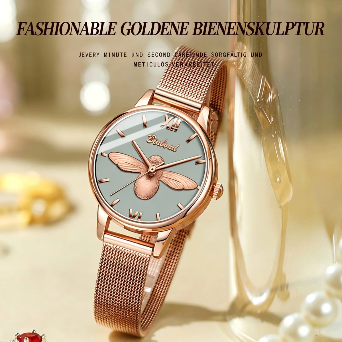 Women’s Quartz Watch, Elegant Ladies’ Wristwatch with Stainless Steel Mesh Band, 3ATM Water Resistant, 30mm Gray Dial, Rose-Gold Fashion Design with 3D Bee, Comes in a Gift Box—Perfect for Women at the Office or for Eve