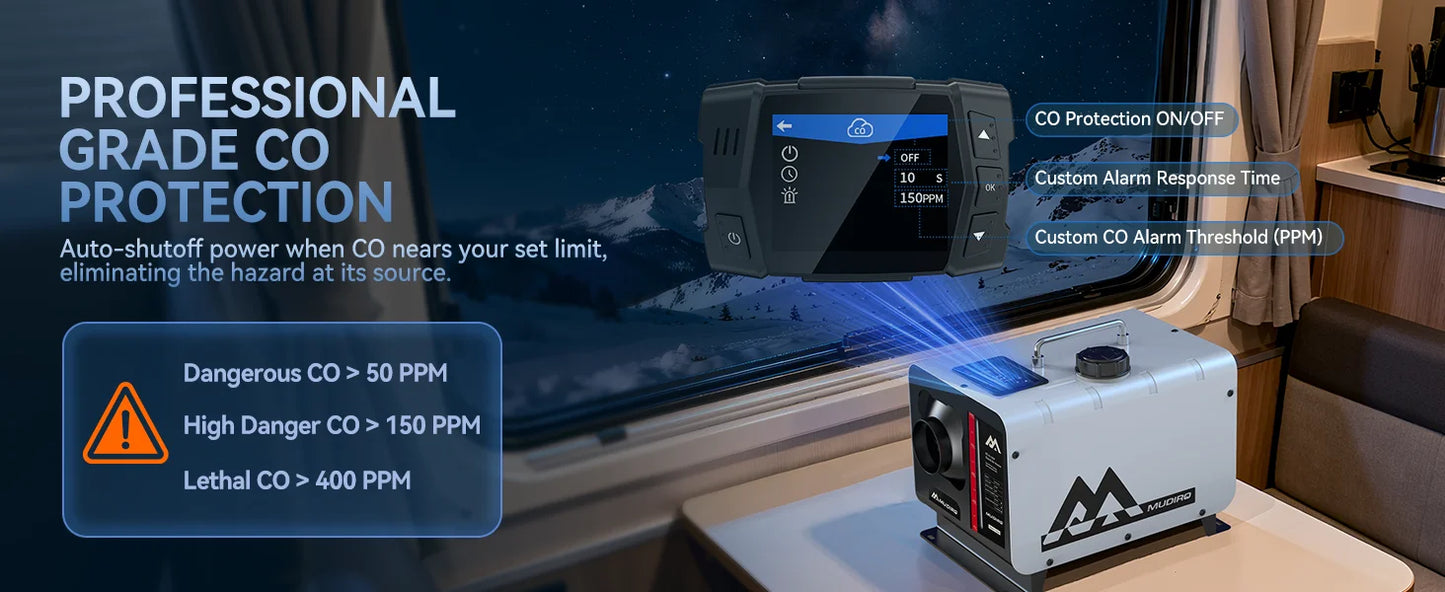 MUDIRO M-5S EVO-H Diesel Air Heater, CO Protection,Custom Alarm & Auto Shutoff, Whisper-Quiet, ±2°F Precision Temp, 5500m Auto-Adaptive Altitude,Smart LCD Bluetooth & Remote, Auto Start/Stop, for Car/Truck/RV/Boat/Tent/Bus/