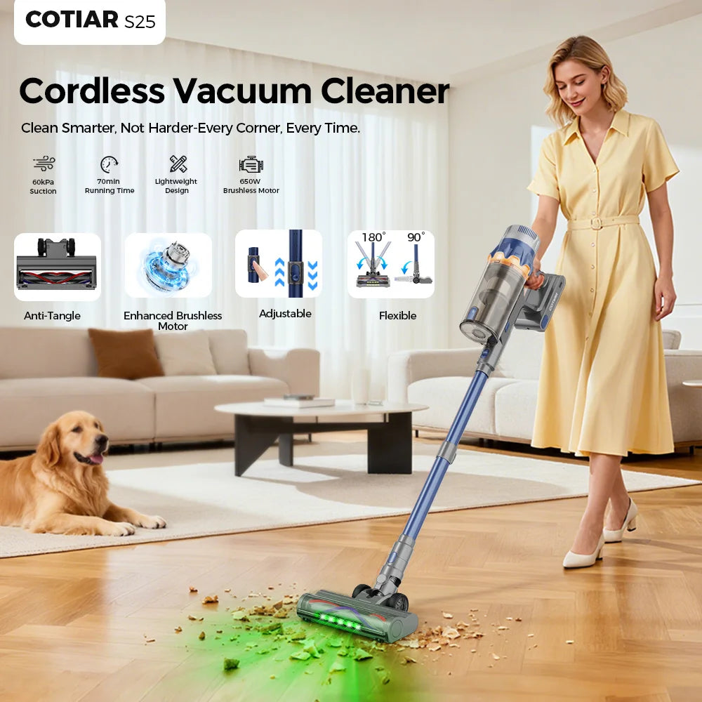 COTIAR S25 Cordless Vacuum Cleaner 650W 60kPa Strong Suction 70 Mins Runtime Handheld Home Appliance Portable Removable Battery