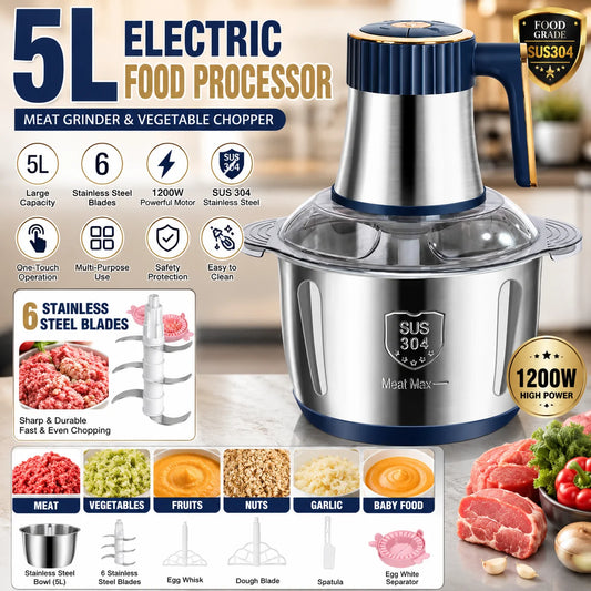 5L Electric Food Processor Meat Grinder with 6 Stainless Steel Blades Multifunction Meat Chopper Vegetable Cutter Food Mincer Large Capacity Kitchen Chopper for Meat Vegetables Fruits Garlic Onion Nuts Baby Food