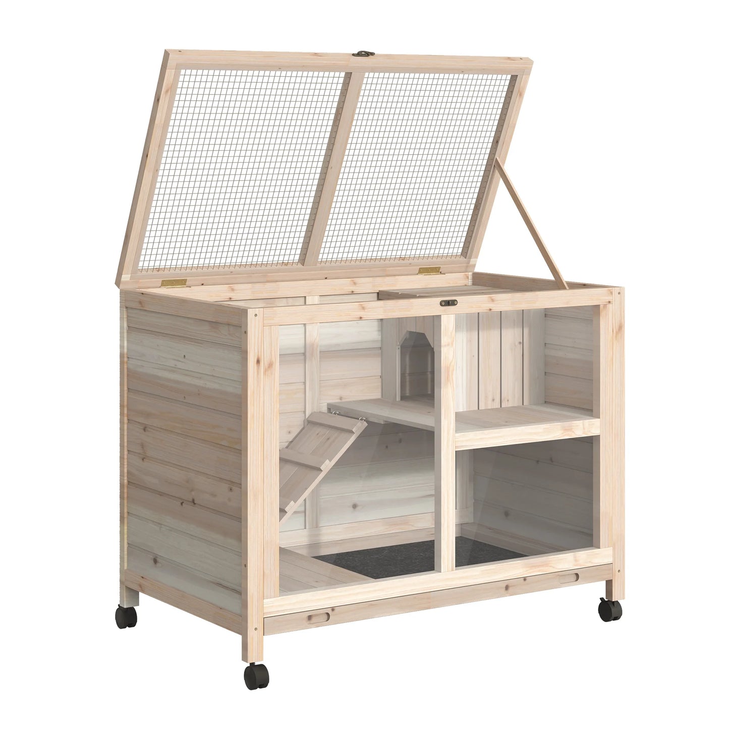 Rabbit Cage, Mobile Wooden Pet Hutch with Wheels, Indoor Bunny Cage with Openable Top, Ramp & Removable Tray for Small Animals Farm Animal Supplies Easy Clean Tray & Multi-Level Platforms
