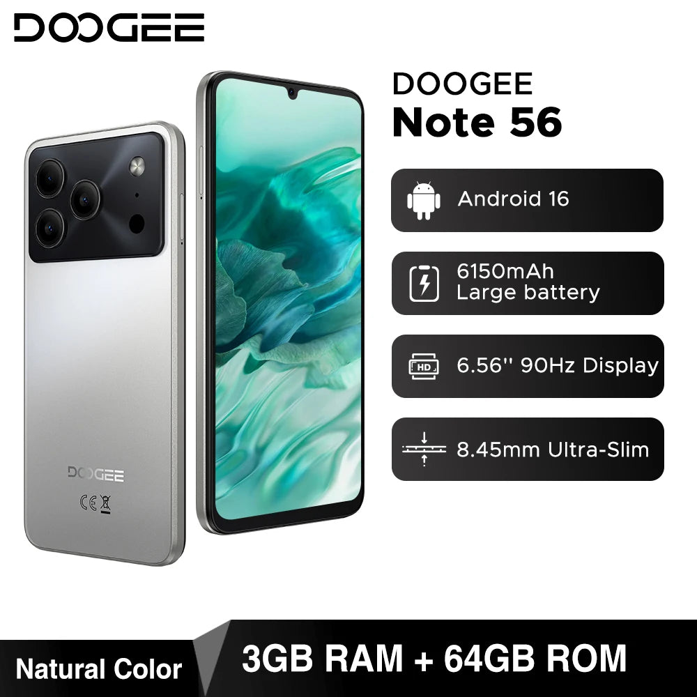 Global Version DOOGEE Note 56 Smartphone Android 16 6150mAh Battery 6.56'' Display 24GB RAM + 64GB ROM 8MP Camera Mobile Phone