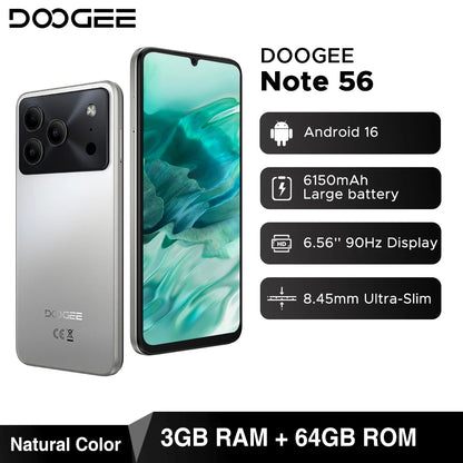 Global Version DOOGEE Note 56 Smartphone Android 16 6150mAh Battery 6.56'' Display 24GB RAM + 64GB ROM 8MP Camera Mobile Phone