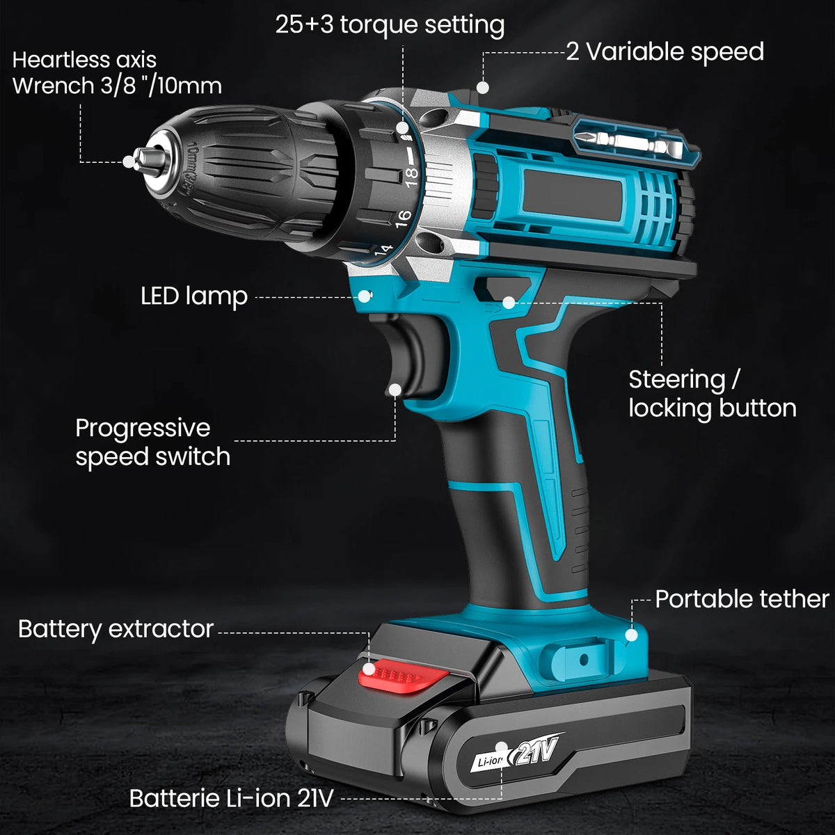 Cordless Impact Screwdriver Handheld Drill Power Tool 32 Torque Setting 2 Gear Speed Electric Screwdriver With 2 Batteries