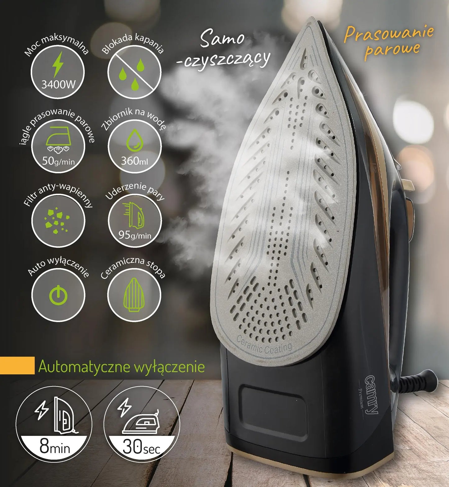 3400W steam iron with ceramic auto-off anti-drip anti-calc self-clean steam stroke 80g/min. Washer