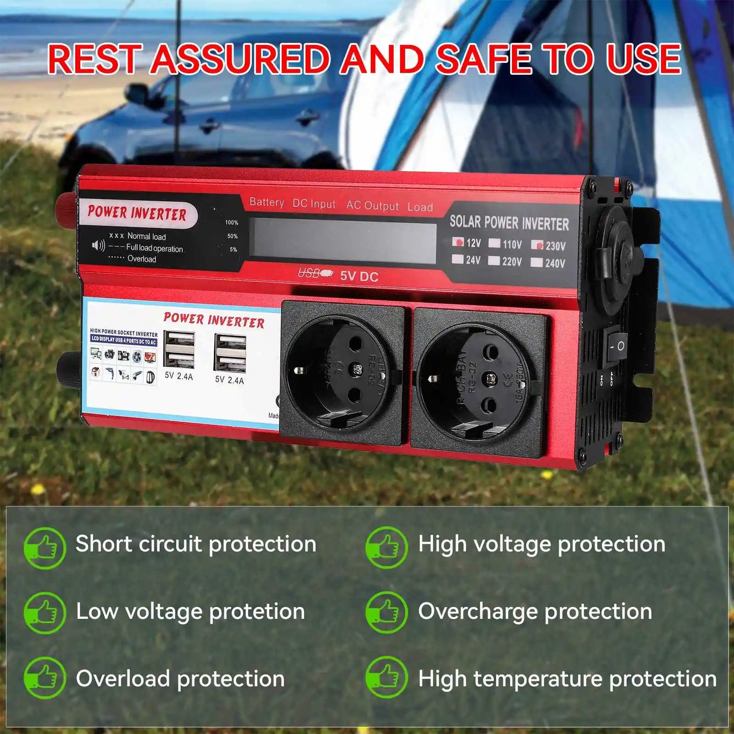 4000W 3000W Power Inverter DC 12V to AC 220V 230V Transformer with 4 USB EU Sockets Charging with LED Display