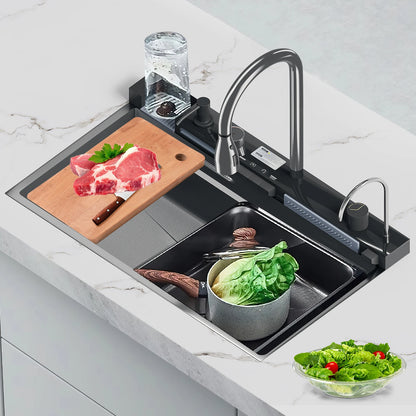 OWJHE304 Stainless Steel Kitchen Sink with Digital Display Waterfall Faucet Multifunctional 75*45cm Large Single Slot Whale Sink