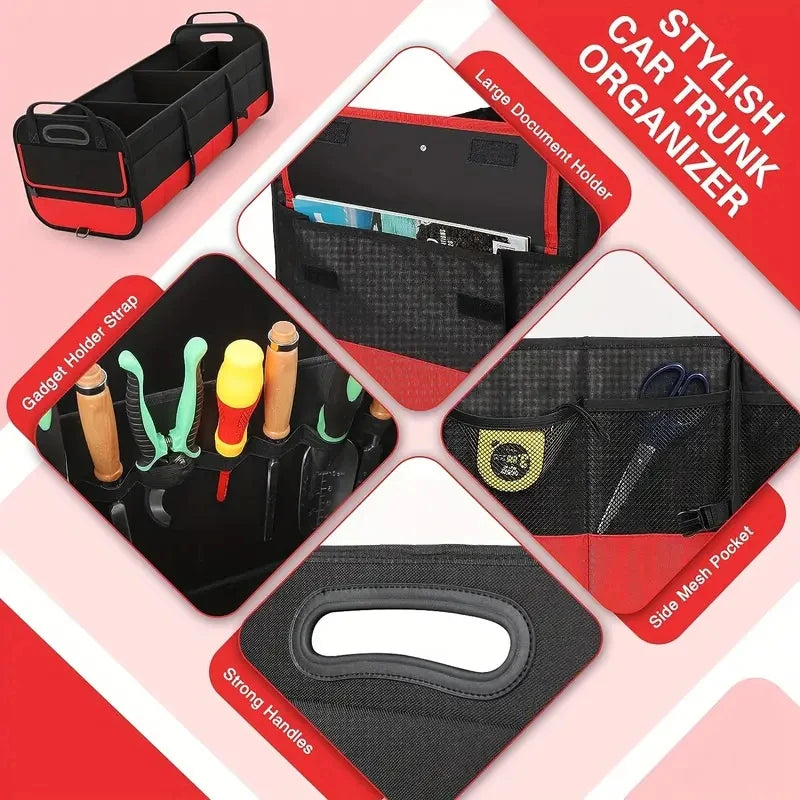 Universal Large Trunk Organizer For Car, Collapsible Multi Compartment Trunk Storage Bag With 2 Retractable Straps