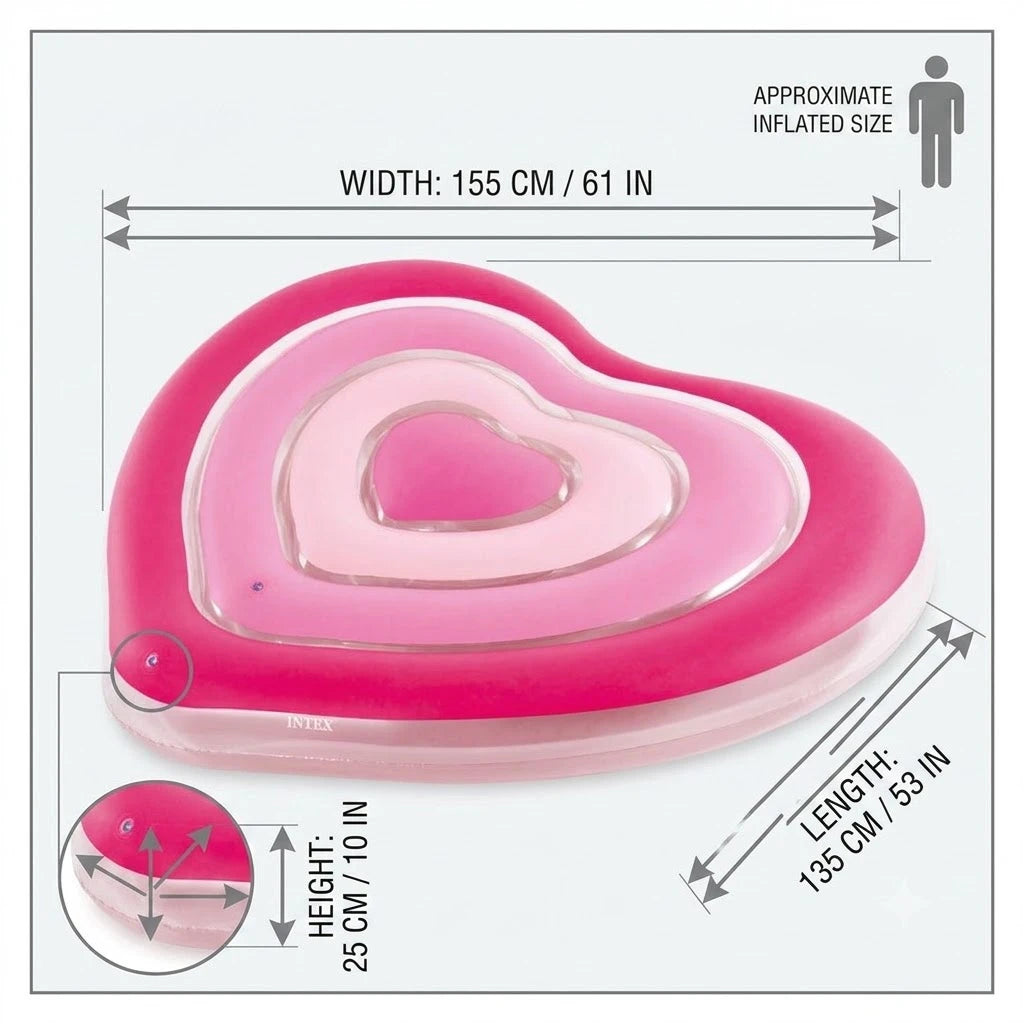 Pink Heart-Shaped Inflatable Float, 155X135Cm, Romantic Design, Resistant and Comfortable, for Pool and Beach