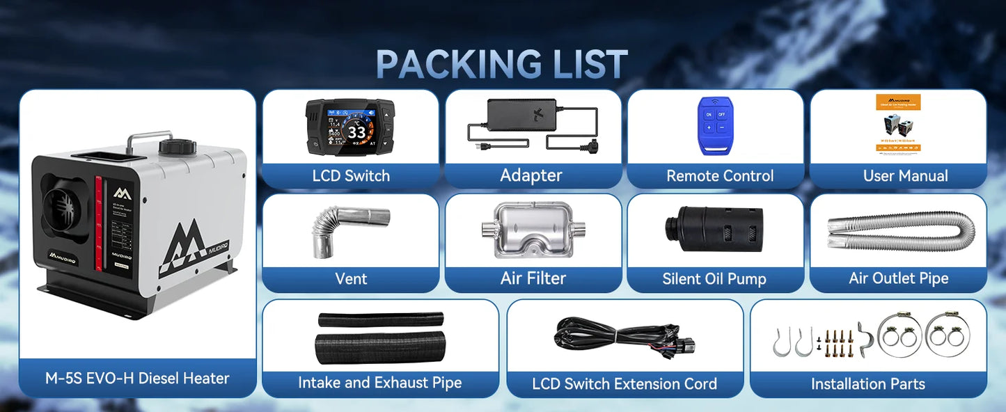 MUDIRO M-5S EVO-H Diesel Air Heater, CO Protection,Custom Alarm & Auto Shutoff, Whisper-Quiet, ±2°F Precision Temp, 5500m Auto-Adaptive Altitude,Smart LCD Bluetooth & Remote, Auto Start/Stop, for Car/Truck/RV/Boat/Tent/Bus/