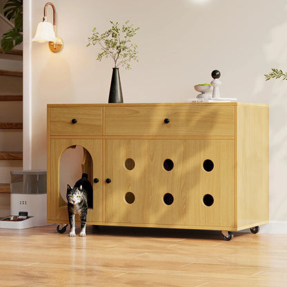Wooden cat litter box cabinet/cat bed with drawers and wheels, multi-functional cat house furniture/portable cat toilet/storage cabinet, effectively controls odors, suitable for indoor cat house decoration.