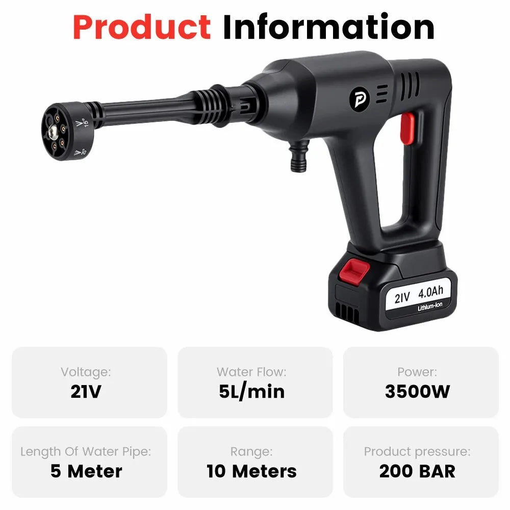 POPDEER PD-W01 Cordless High Pressure Car Washer, 200Bar 6-in-1 Nozzle, 4.0Ah Battery, 5m Hose for Car Cleaning