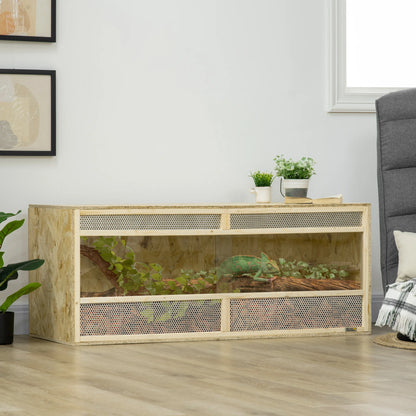 OSB Wooden Reptile Terrarium with Sliding Glass Doors and Ventilated Mesh Panels, Spacious Indoor Habitat with Clear View, Breathable Enclosure for Chameleons, Lizards, Snakes and Other Amphibians, Ideal for Climbing, Hiding