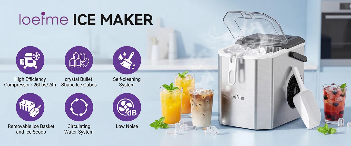 LOEFME 12kg/24h Electric Ice Maker Desktop Fully Automatic Bullet Ice Fast Ice Maker Machine Self-Cleaning Home Cafes Camping