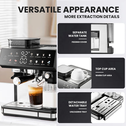 1350W coffee fully automatic, with dual boiler and milk frother, 2.7L water tank, touch screen, Bean and powder coffee