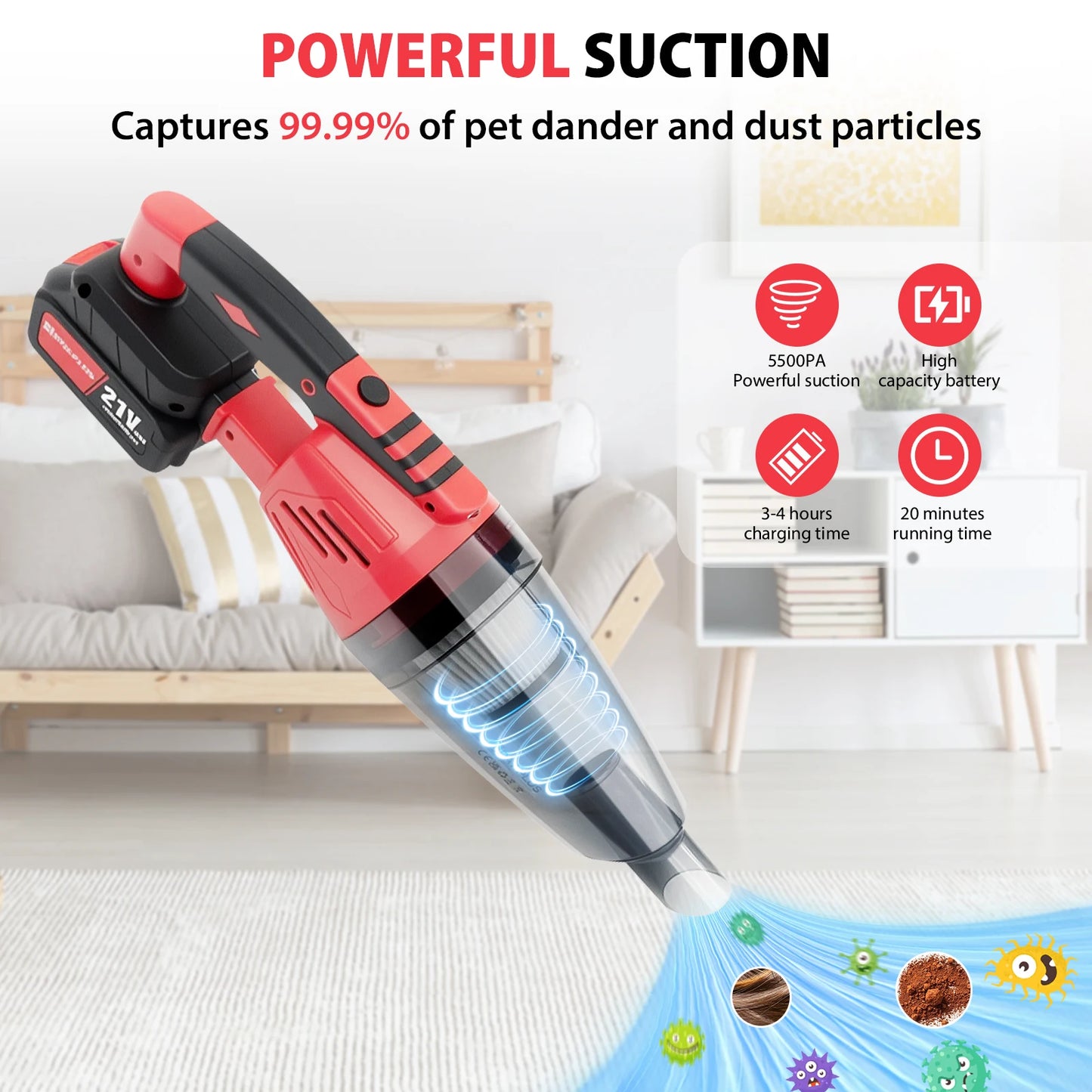 Cordless Vacuum Cleaner 2-in-1 Stick with LED Light, Lightweight Car & Home Use, for Hardwood Floors and Pet Hair Removal, Powerful Suction, Handheld Car Vacuum