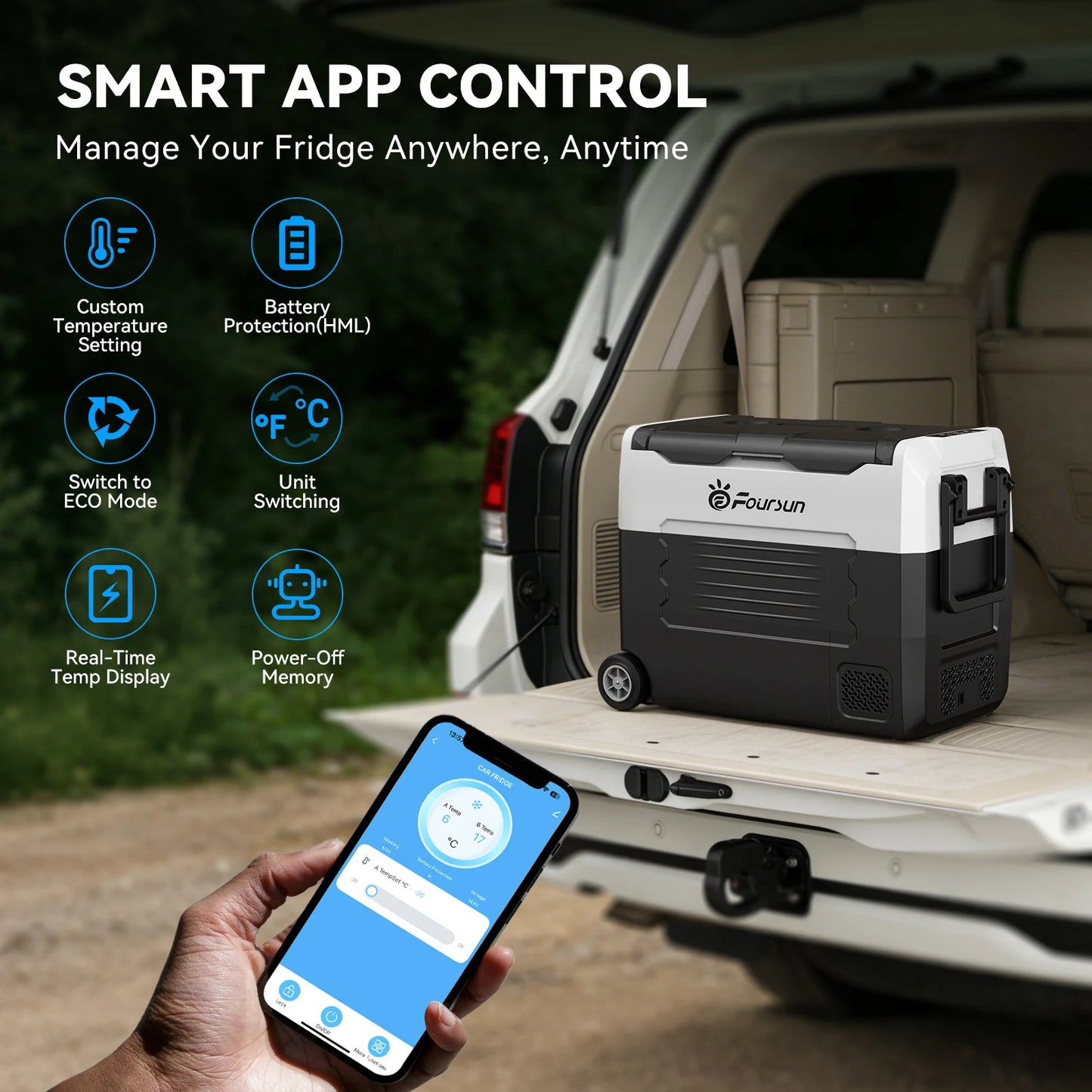 Foursun 21L/25L/35L/45L/55L Portable Compressor Car Fridge Freezer with Bluetooth App Control, for Camping, Travel, Home, DC 12V/24V & AC 100-240V