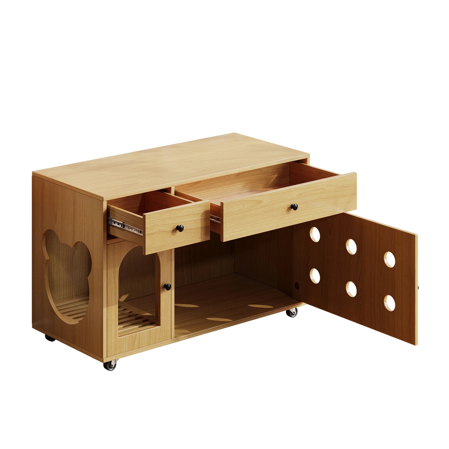 Wooden cat litter box cabinet/cat bed with drawers and wheels, multi-functional cat house furniture/portable cat toilet/storage cabinet, effectively controls odors, suitable for indoor cat house decoration.