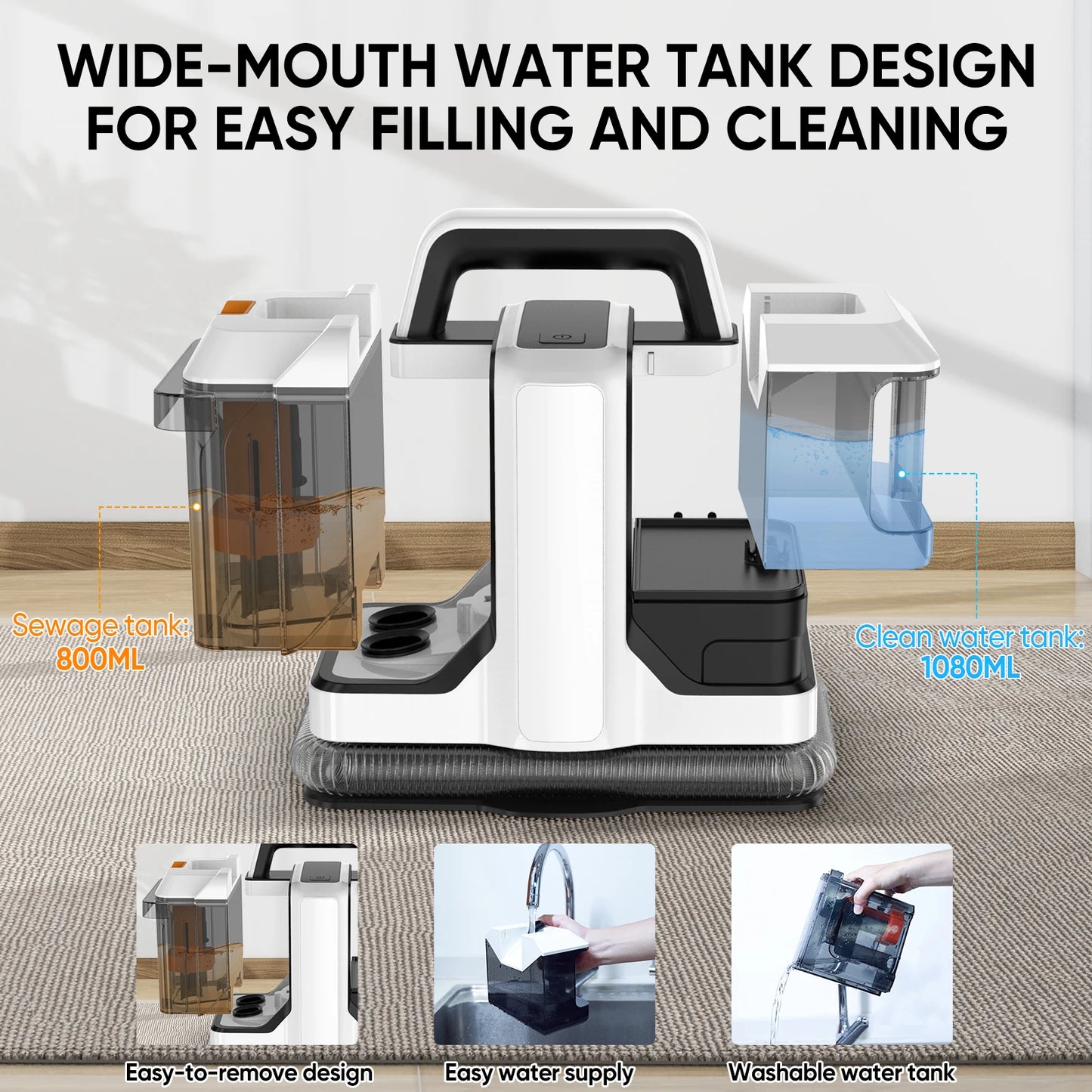 Portable Carpet Cleaner Machine 750W 15KPA Multifunctional Handheld Mite Remover Sofa Carpet Wet Cleaner for Sofa Car Seat