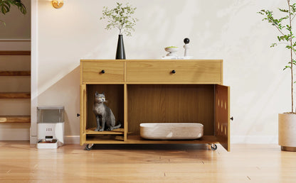 Wooden cat litter box cabinet/cat bed with drawers and wheels, multi-functional cat house furniture/portable cat toilet/storage cabinet, effectively controls odors, suitable for indoor cat house decoration.