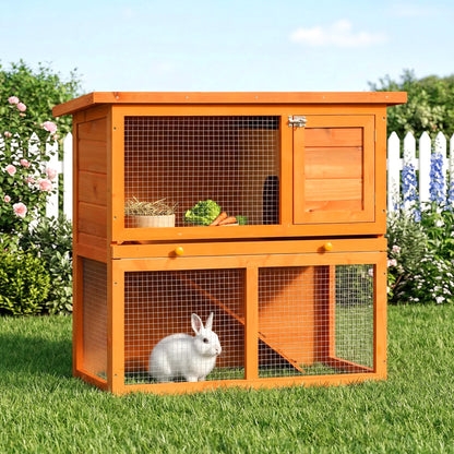Rabbit Cage, 2-Tier Wooden Pet Hutch, Outdoor Bunny Cage with Removable Tray, Openable Roof & Lockable Doors for Small Animals with Easy Clean Tray