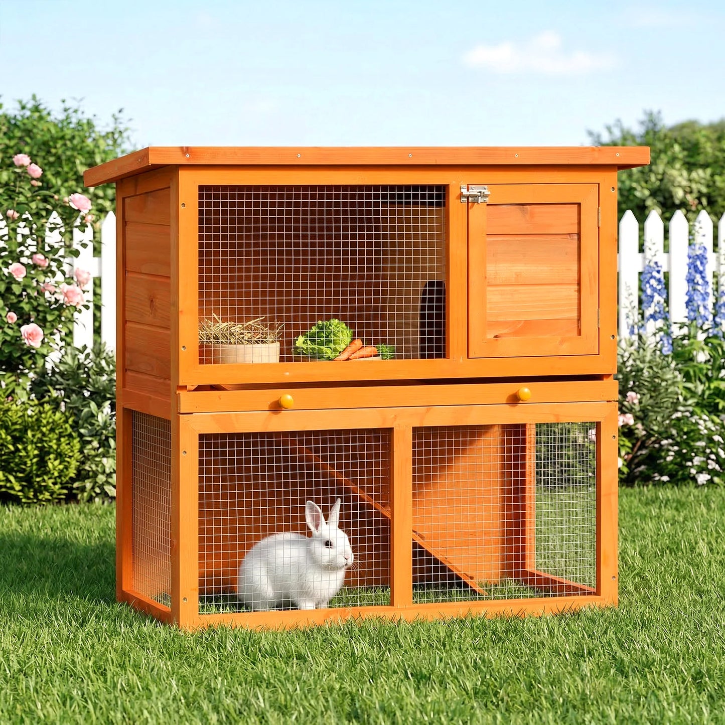 Rabbit Cage, 2-Tier Wooden Pet Hutch, Outdoor Bunny Cage with Removable Tray, Openable Roof & Lockable Doors for Small Animals with Easy Clean Tray