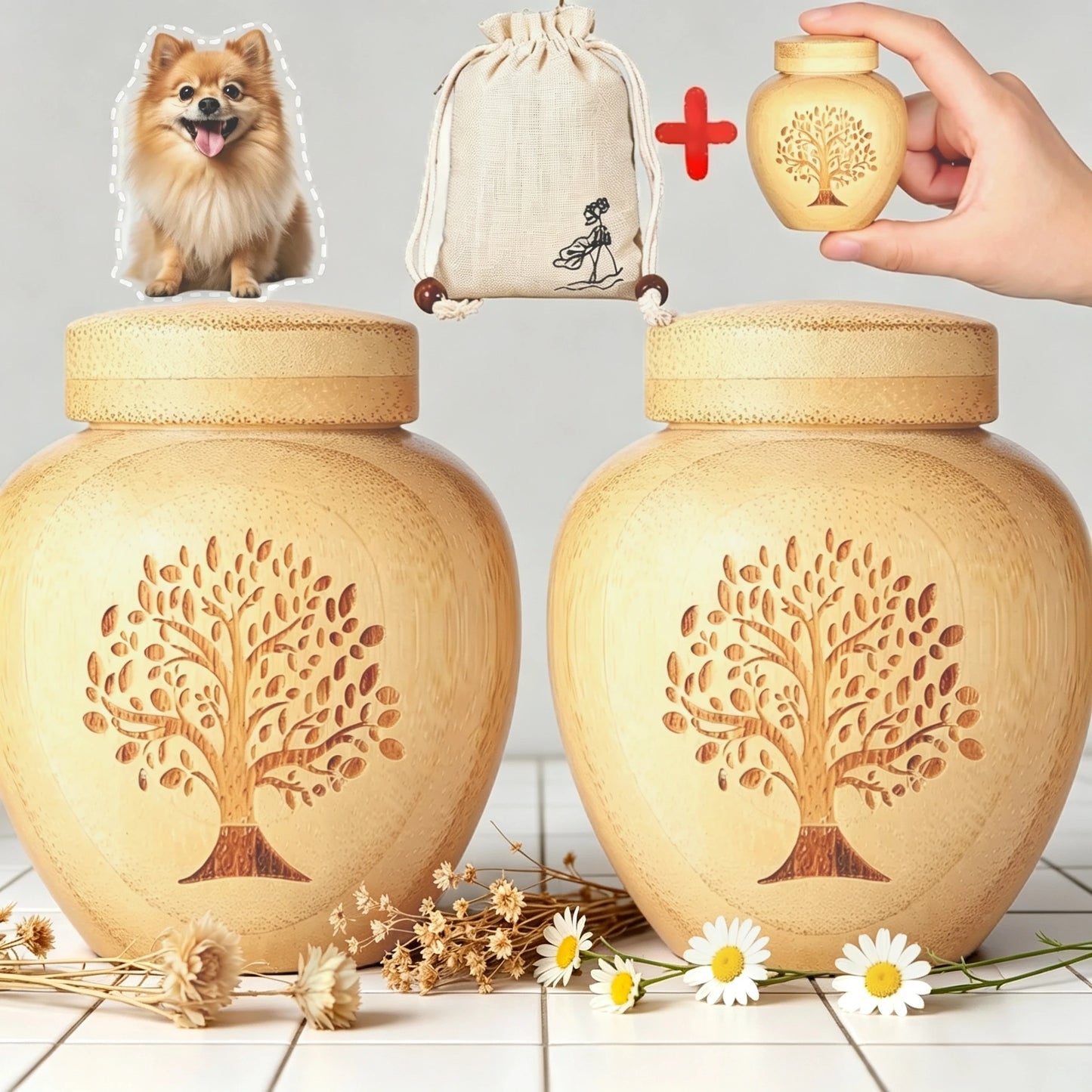 G14 Bamboo Cremation Urn Tree Life Threaded Pet Ashes Keepsake Urn  Ash Container for Dog Cat Human Loved One Funeral Souvenir