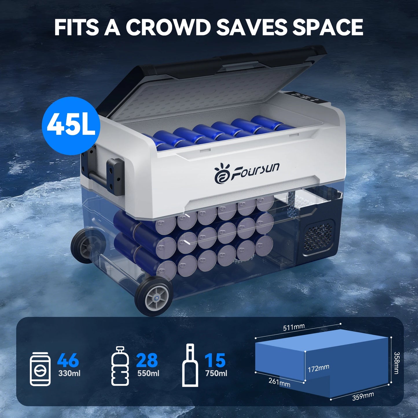 Foursun 21L/25L/35L/45L/55L Portable Compressor Car Fridge Freezer with Bluetooth App Control, for Camping, Travel, Home, DC 12V/24V & AC 100-240V