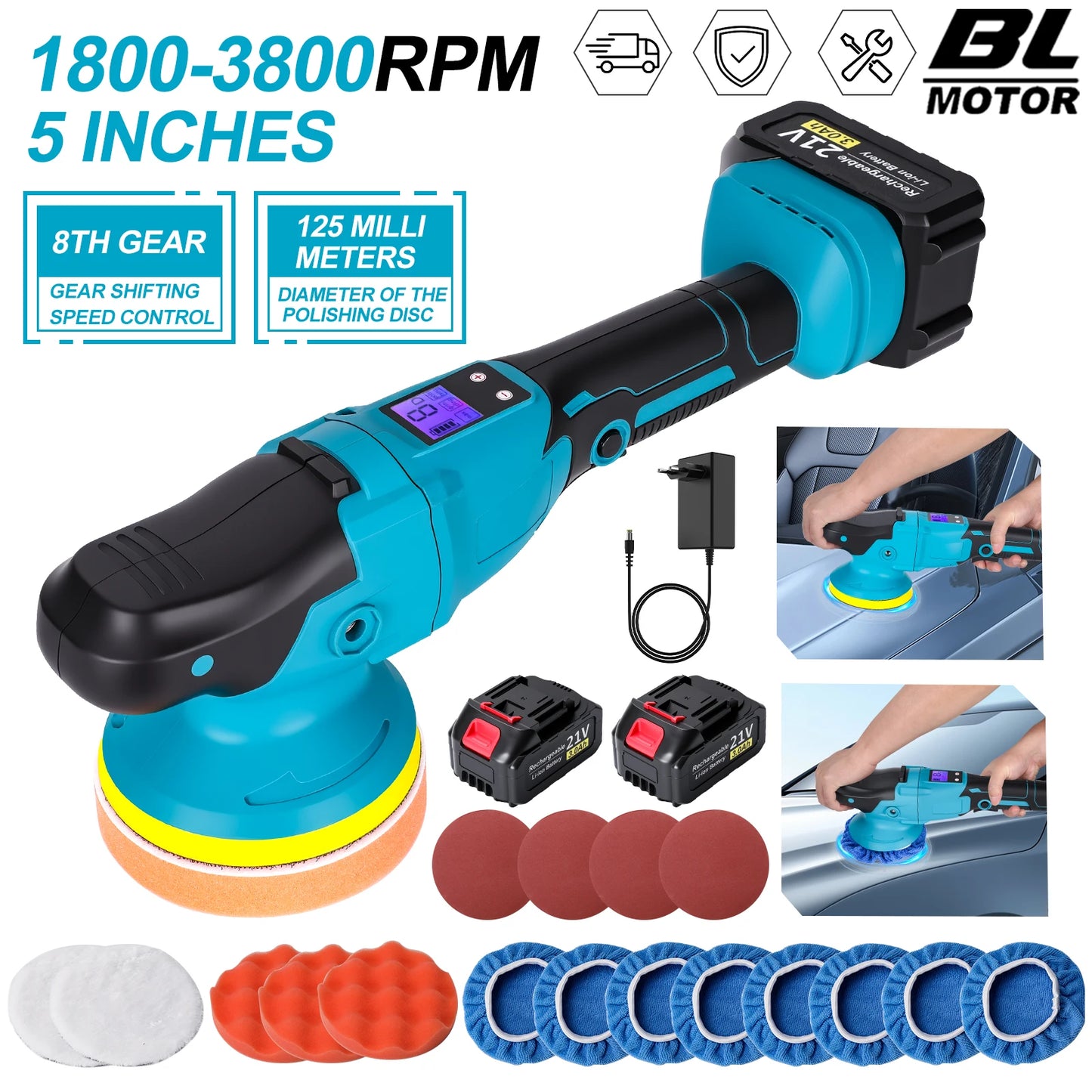 5Inch 8Gears Digital Display Cordless Electric Polisher Car Polishing Waxing Sanding Machine For Makita 21V Battery Pin