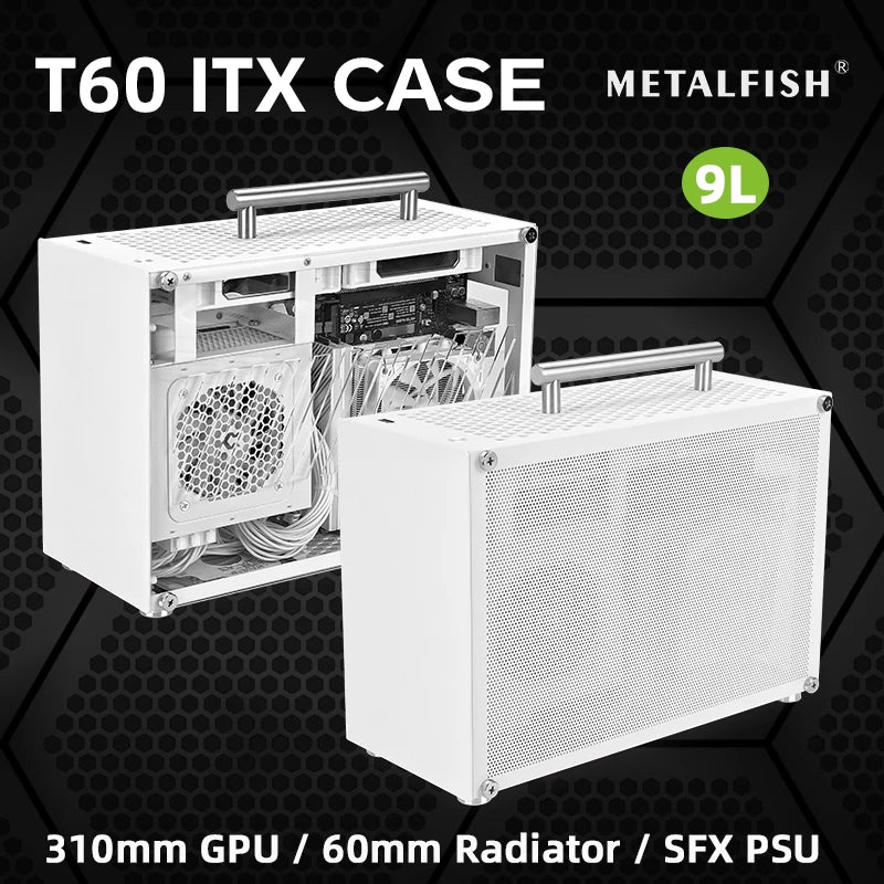 METALFISH T60 Mini ITX Black Case 9L Gaming Computer Chassis Compact transparent PC Support SFX PSU/300mm GPU