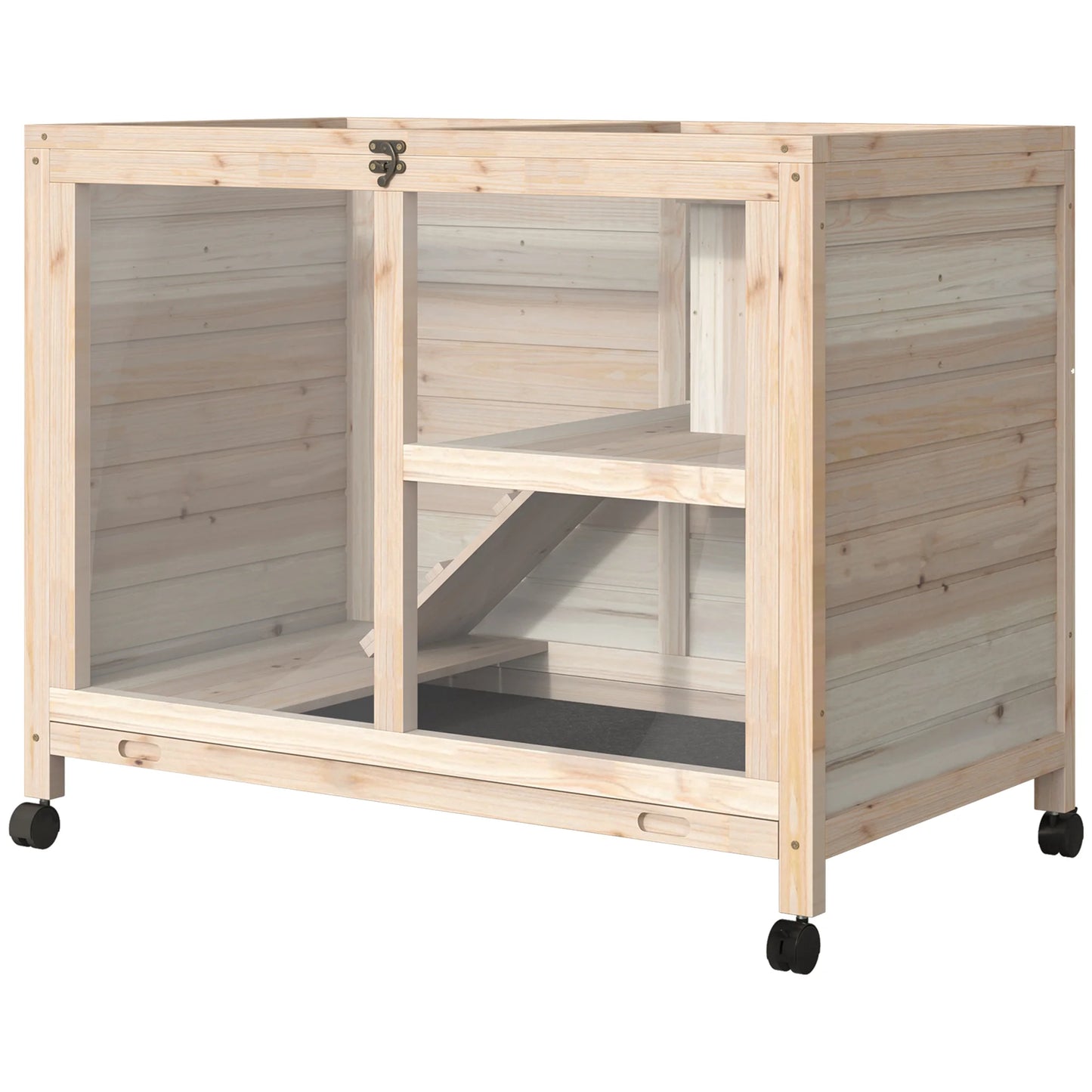 Rabbit Cage, Mobile Wooden Pet Hutch with Wheels, Indoor Bunny Cage with Openable Top, Ramp & Removable Tray for Small Animals Farm Animal Supplies Easy Clean Tray & Multi-Level Platforms