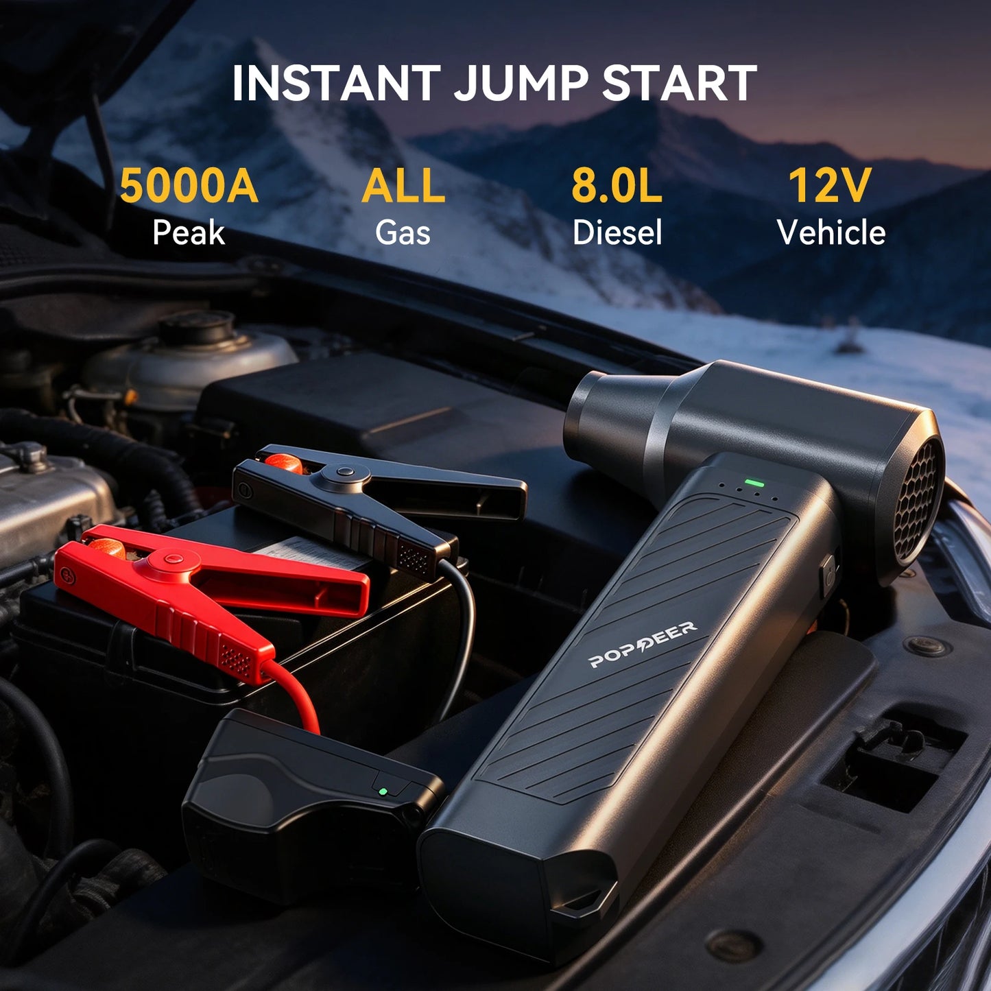 POPDEER 5000A 65W Jump Starter with Turbo Fan, LED Light & Power Bank, All Gas/8.0L Diesel