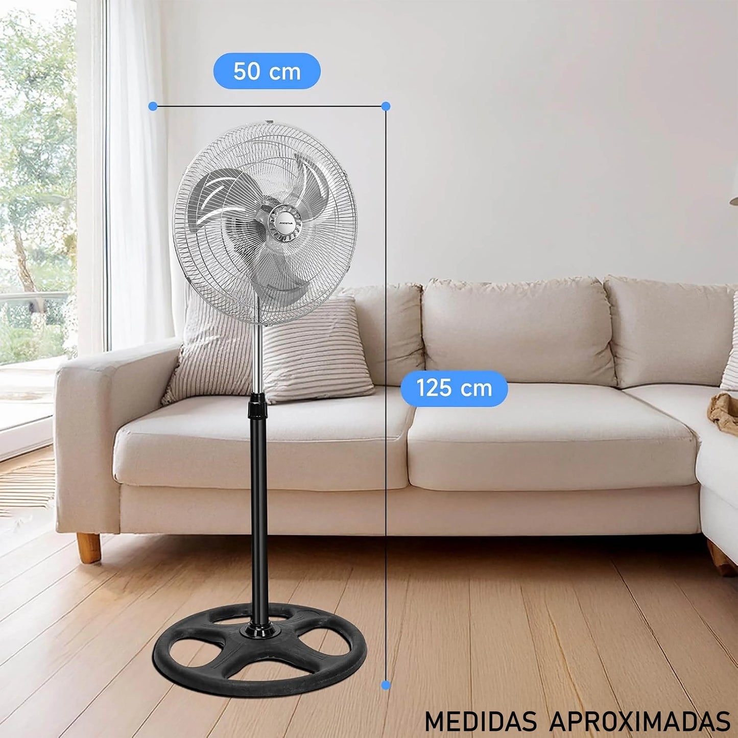 80W Silent Standing Fan with 3 Speeds and Oscillating Function, Diameter 45cm, Temperature Range 5 to 42 Degrees, Ce and Rohs Certified, Powerful and Efficient