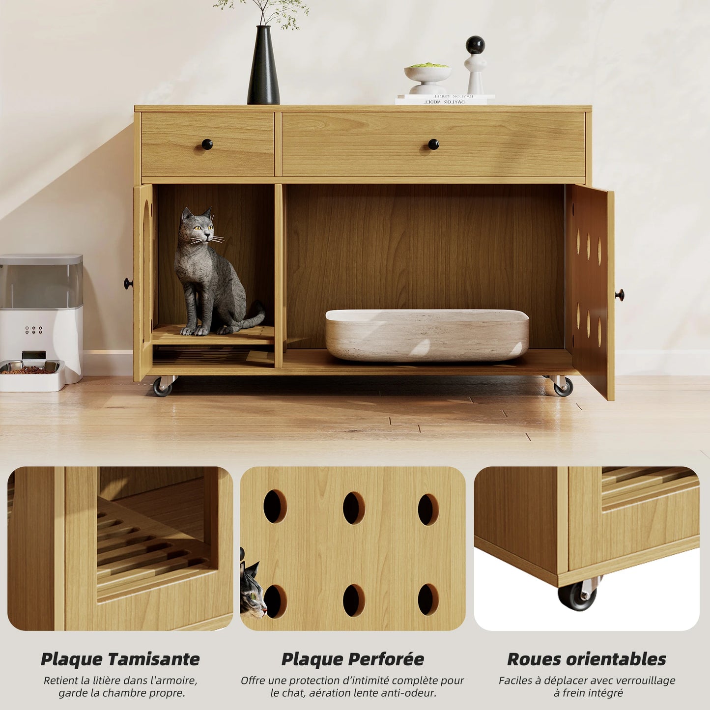 Wooden cat litter box cabinet/cat bed with drawers and wheels, multi-functional cat house furniture/portable cat toilet/storage cabinet, effectively controls odors, suitable for indoor cat house decoration.