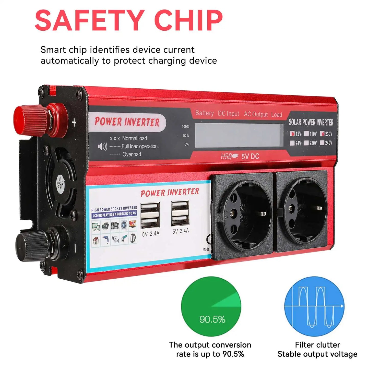 4000W 3000W Power Inverter DC 12V to AC 220V 230V Transformer with 4 USB EU Sockets Charging with LED Display