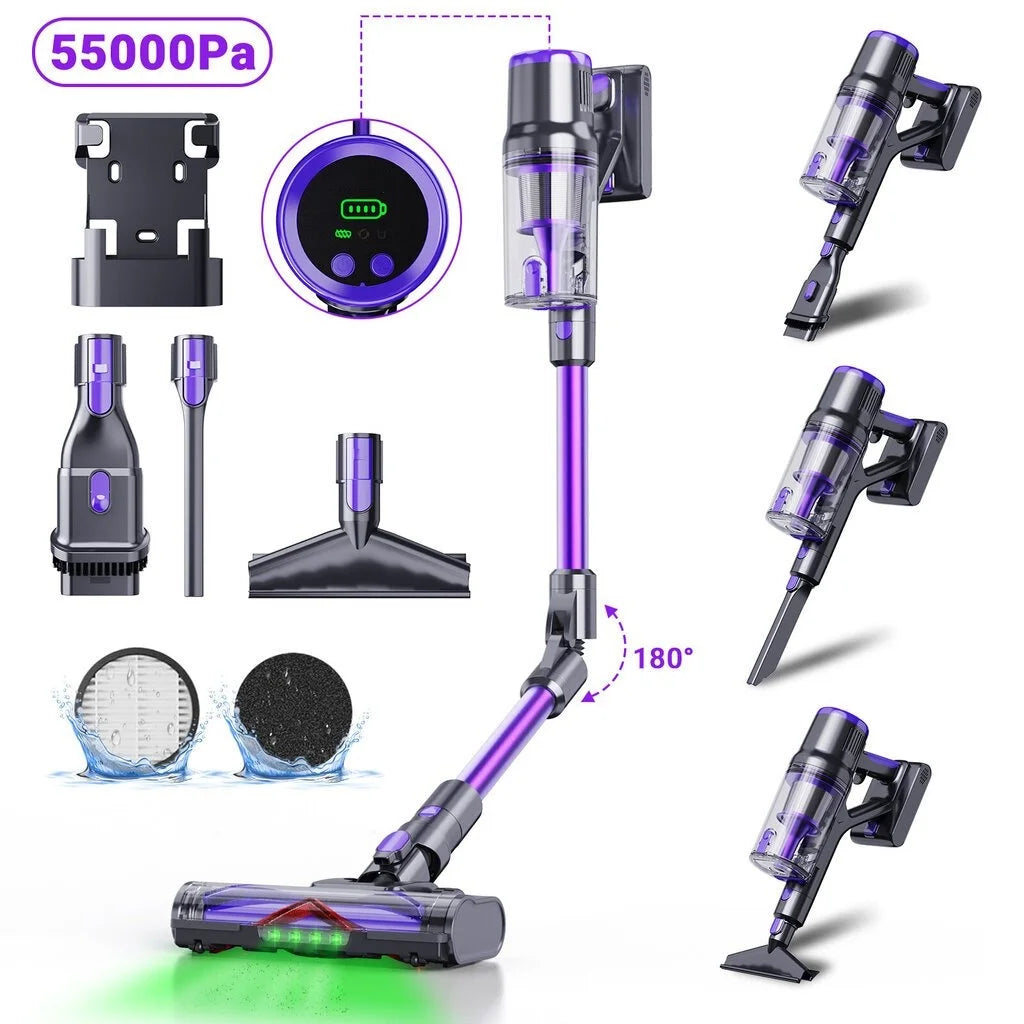 Blossom DSV112A 550W Cordless Vacuum Cleaner, 45000Pa Powerful Suction, 55 Mins Runtime, Touchscreen Stick Vacuum for Pet Hair & Carpet