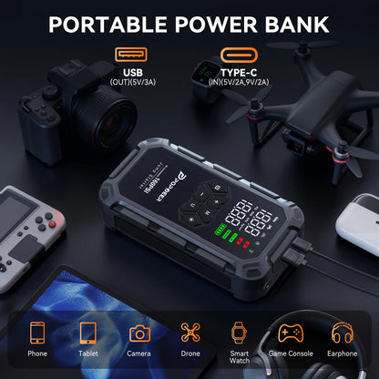 POPDEER PD-JA66 6000A Jump Starter with Air Compressor 160PSI, for All Gas & 8L Diesel Engines, LCD Display, USB Port, LED Light