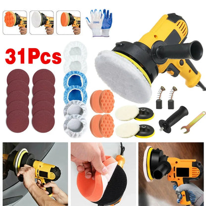 Concentric electric polishing machine in a 31-piece kit with grinding accessories and polishing pads for vehicle refurbishment