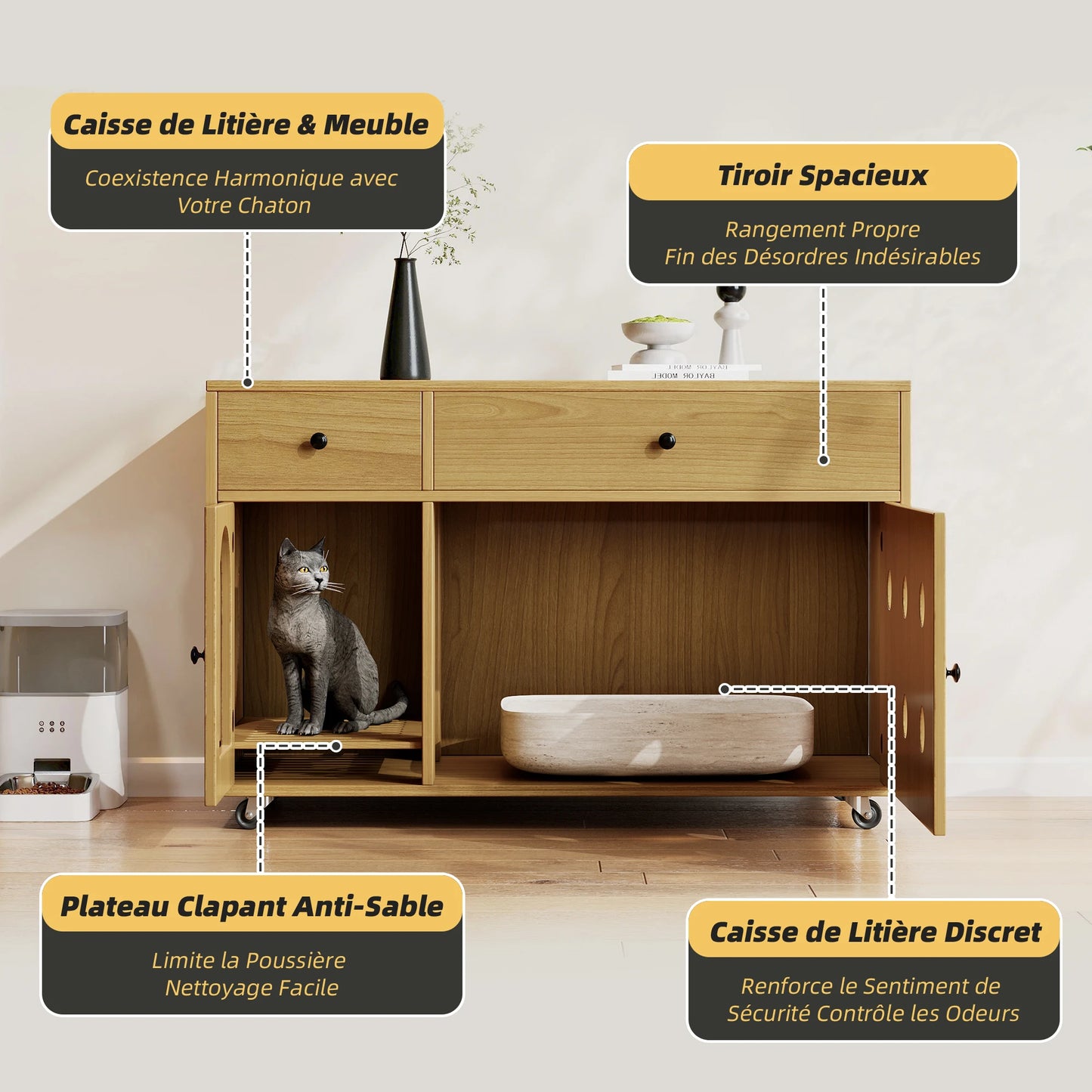 Wooden cat litter box cabinet/cat bed with drawers and wheels, multi-functional cat house furniture/portable cat toilet/storage cabinet, effectively controls odors, suitable for indoor cat house decoration.