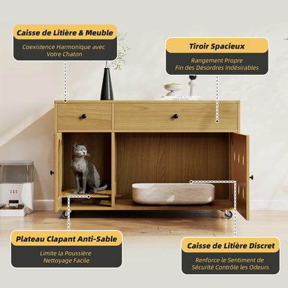 Wooden cat litter box cabinet/cat bed with drawers and wheels, multi-functional cat house furniture/portable cat toilet/storage cabinet, effectively controls odors, suitable for indoor cat house decoration.