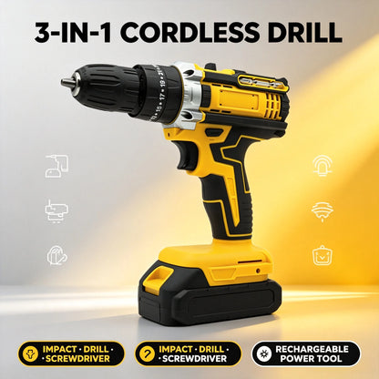 Yellow 3‑in‑1 Cordless Impact Drill Multifunctional Electric Hammer Drill Screwdriver Rechargeable Power Drill For Wood Metal Concrete Drilling
