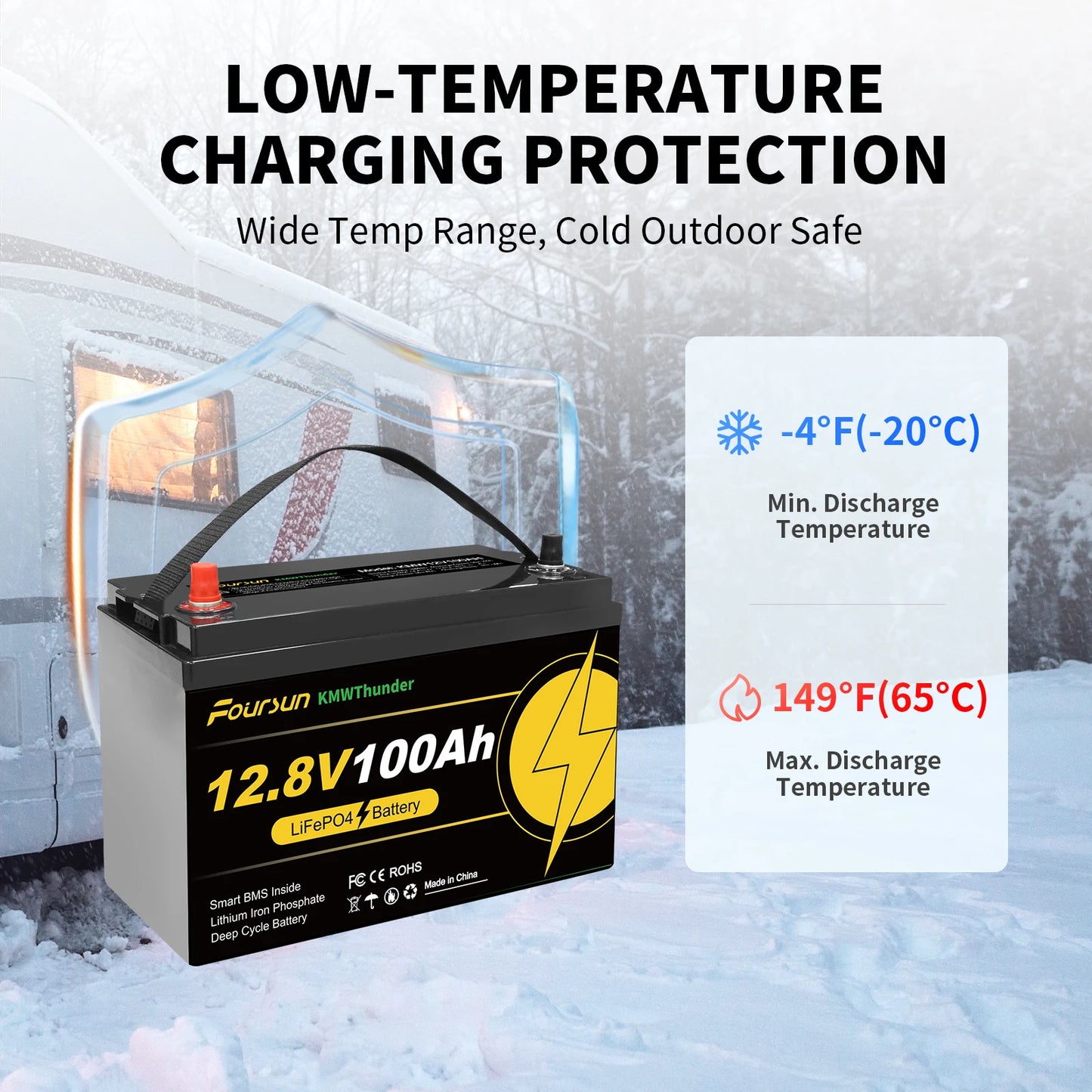 Foursun 12V 100Ah/200Ah/300Ah LiFePO4 Battery with Low-Temp BMS Protection, 4500+ Cycles for Motorhome/Solar/Camping