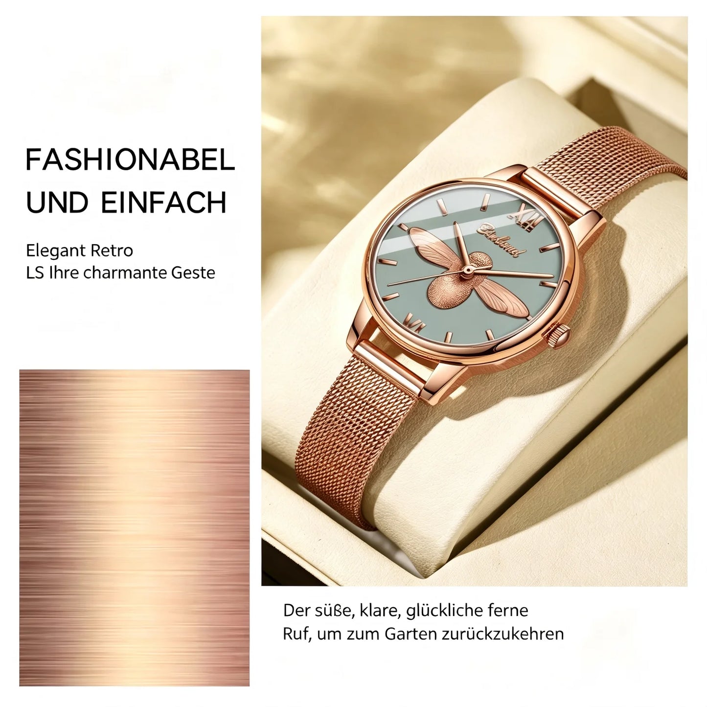 Women’s Quartz Watch, Elegant Ladies’ Wristwatch with Stainless Steel Mesh Band, 3ATM Water Resistant, 30mm Gray Dial, Rose-Gold Fashion Design with 3D Bee, Comes in a Gift Box—Perfect for Women at the Office or for Eve