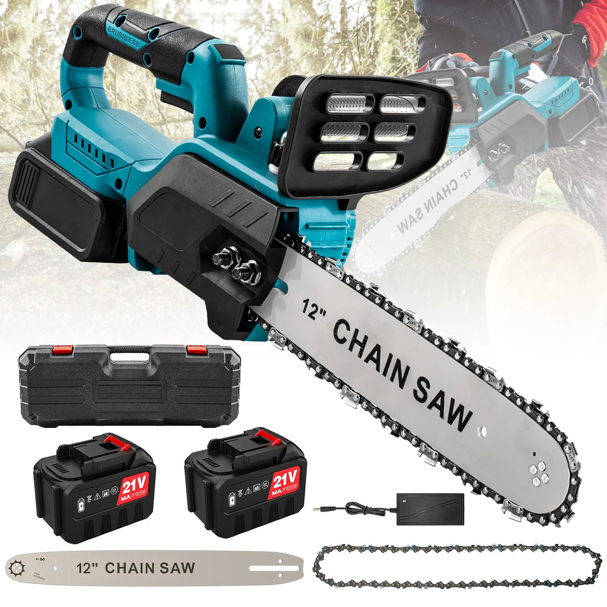 1500W 12Inch Cordless Chainsaw Brushless Lithium Battery Powered Household Woodworking Electric Efficient Handheld Cutting Power Tool with Makita 21V Battery