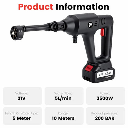 POPDEER PD-W01 Cordless High Pressure Car Washer, 200Bar 6-in-1 Nozzle, 4.0Ah Battery, 5m Hose for Car Cleaning